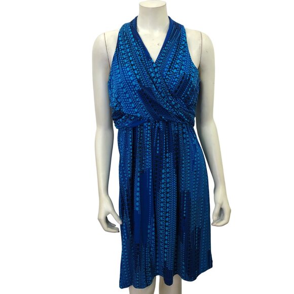 Calvin‎ Klein Blue Sleeveless V-Neck Wrap Halter Dress Geometric Print Pet - Picture 1 of 6